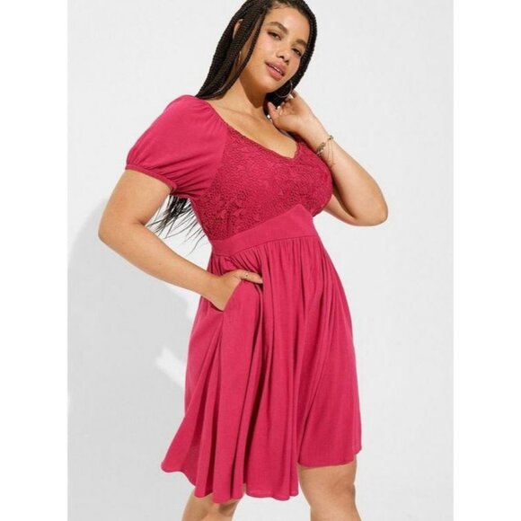 Torrid Dresses & Skirts - NWT Torrid Hot Pink Mini Rayon Slub Balloon Sleeve Lace Inset Dress 6X Sz 30